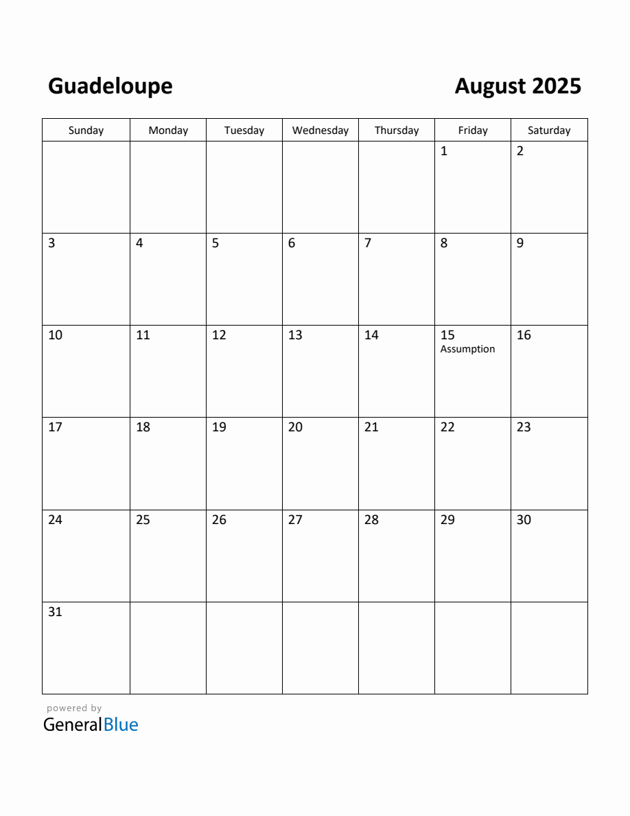 Free Printable August 2025 Calendar for Guadeloupe