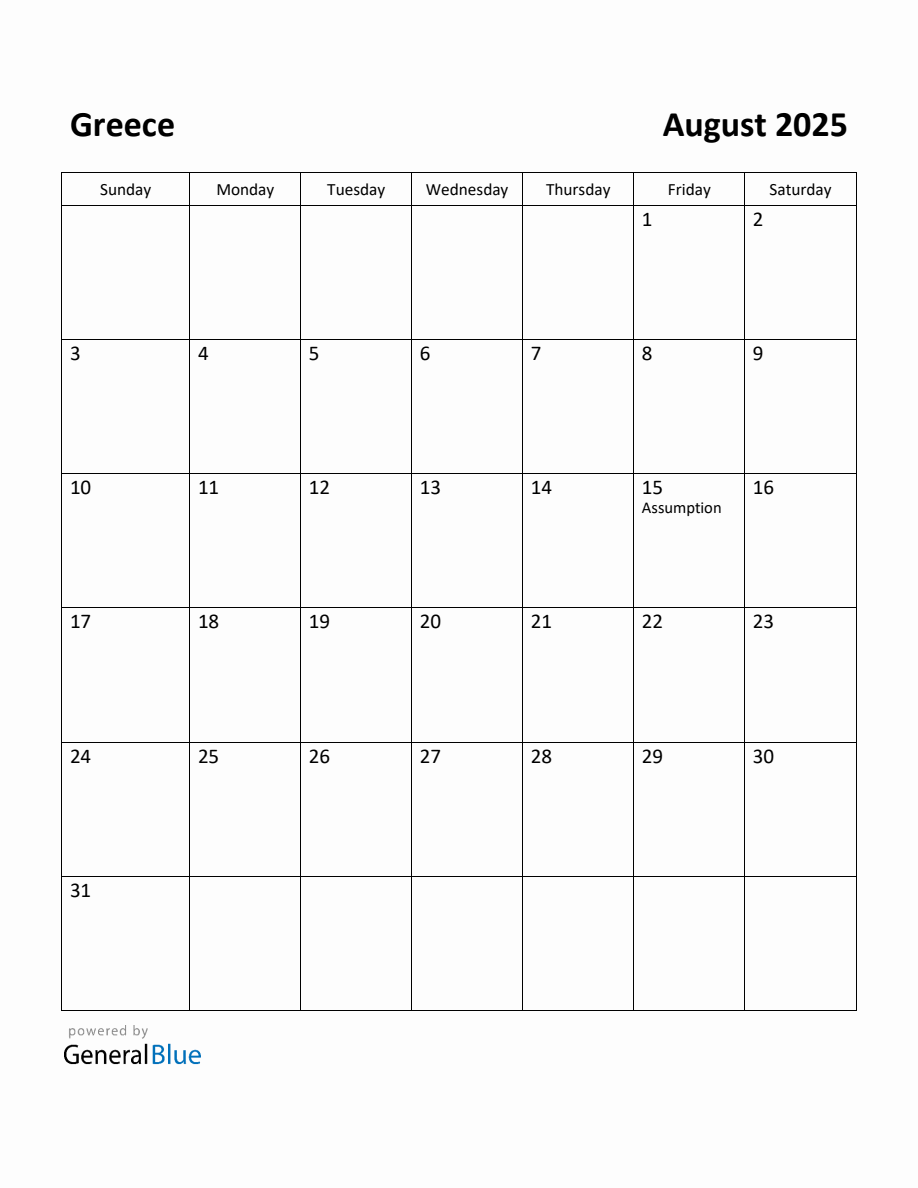 Free Printable August 2025 Calendar for Greece