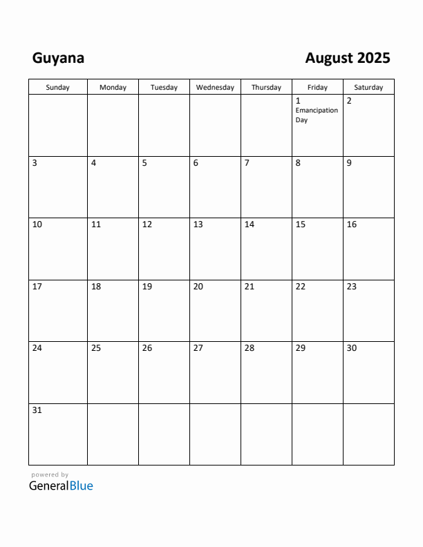 August 2025 Calendar with Guyana Holidays