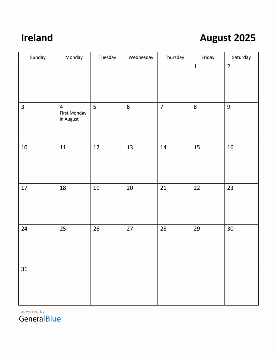 Free Printable August 2025 Calendar for Ireland