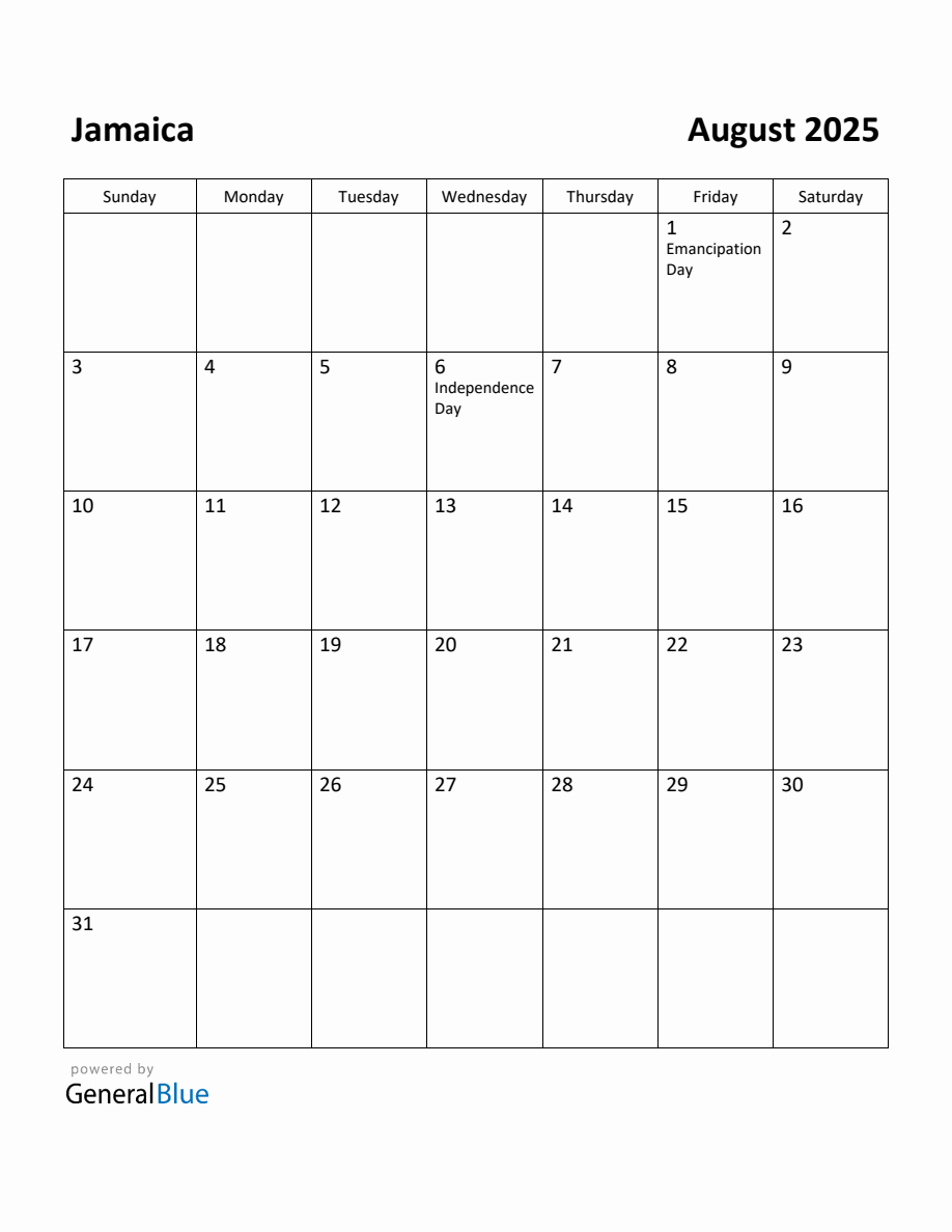 Free Printable August 2025 Calendar for Jamaica