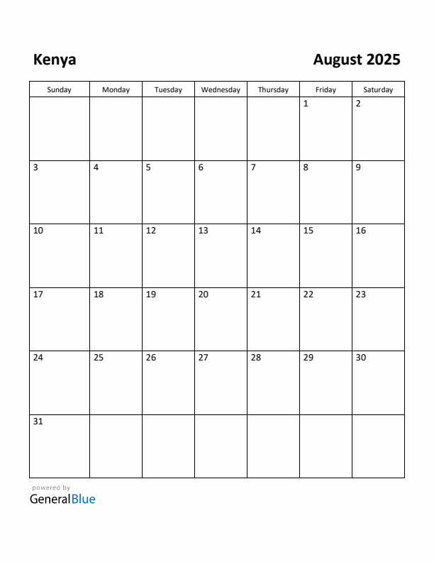 Free Printable August 2025 Calendar for Kenya