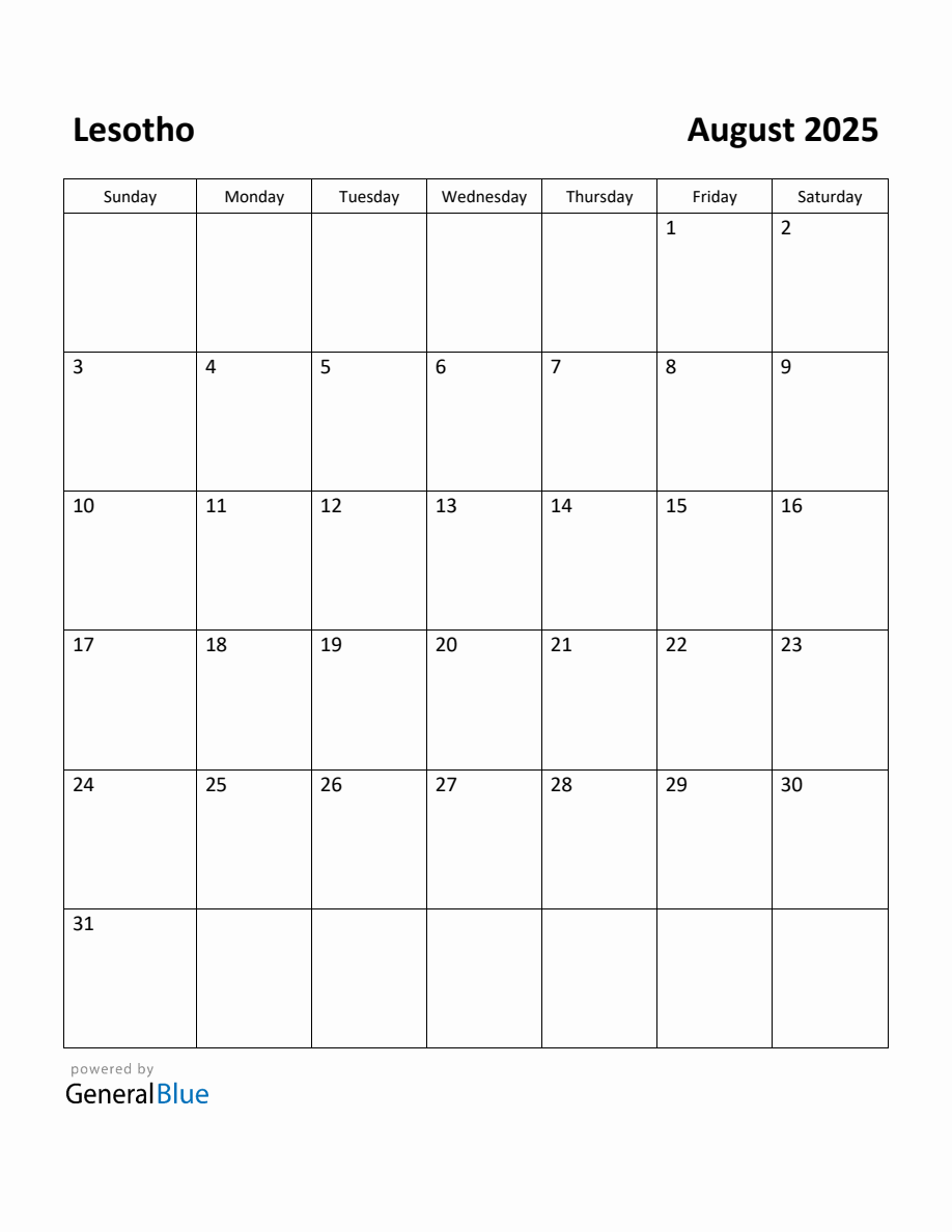 Free Printable August 2025 Calendar for Lesotho