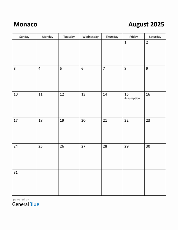 August 2025 Calendar with Monaco Holidays