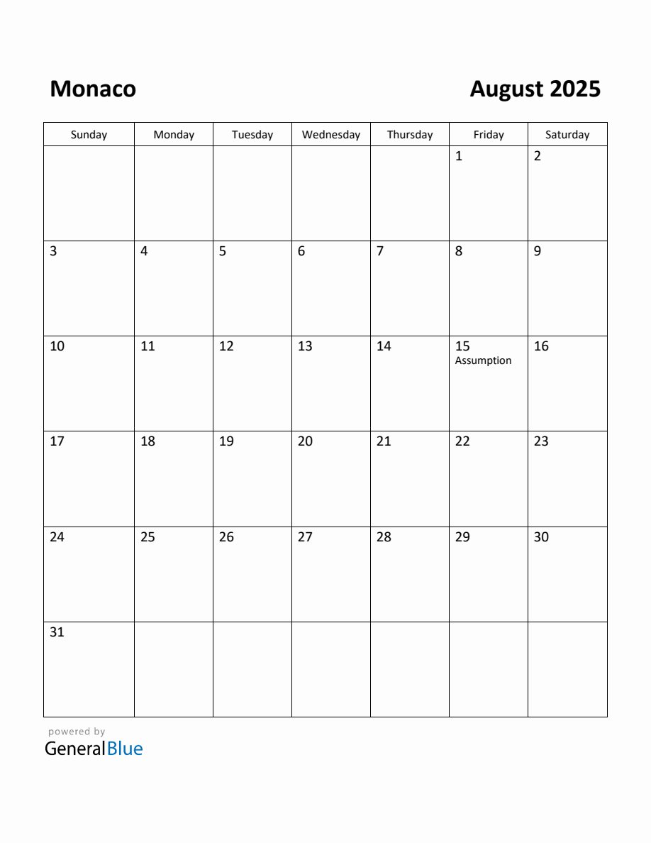 Free Printable August 2025 Calendar for Monaco