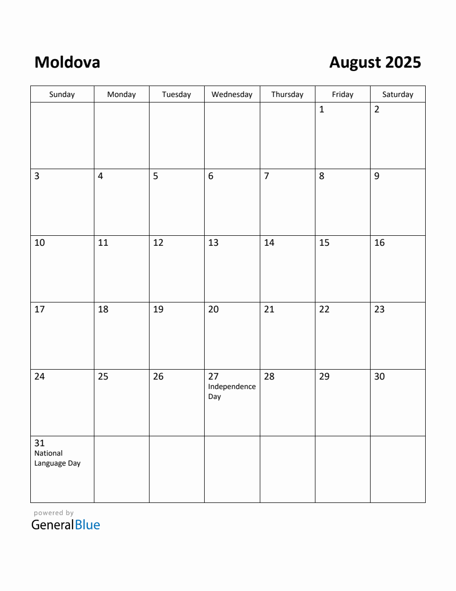 Free Printable August 2025 Calendar for Moldova