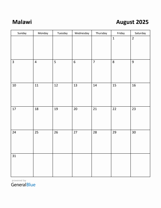August 2025 Calendar with Malawi Holidays