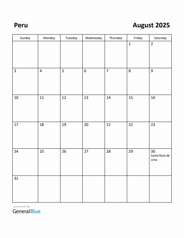 August 2025 Calendar with Peru Holidays