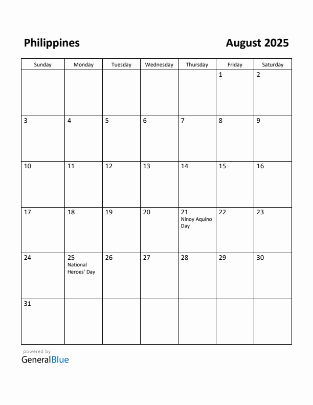 Free Printable August 2025 Calendar for Philippines