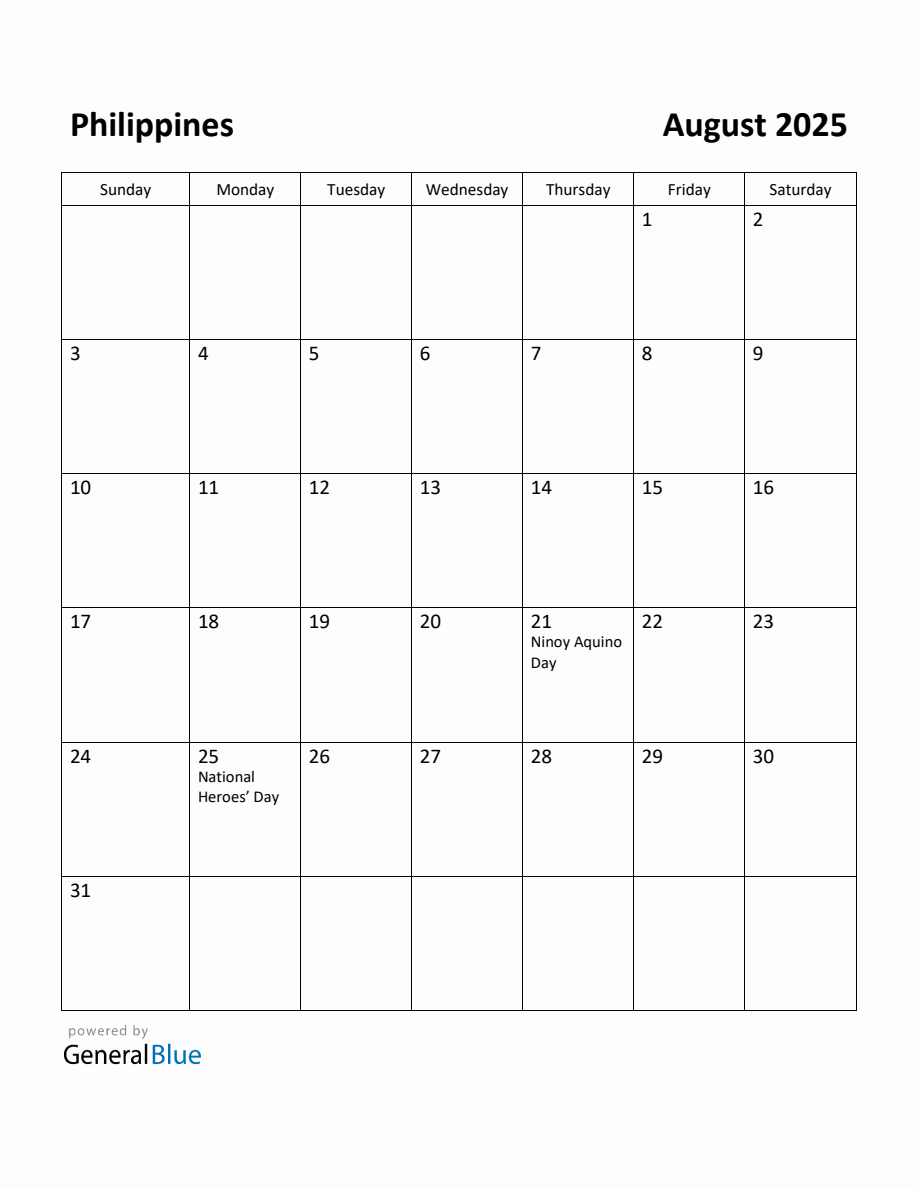 Free Printable August 2025 Calendar for Philippines