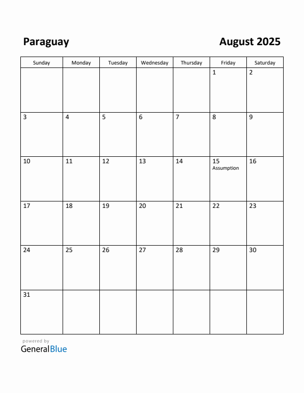 August 2025 Calendar with Paraguay Holidays