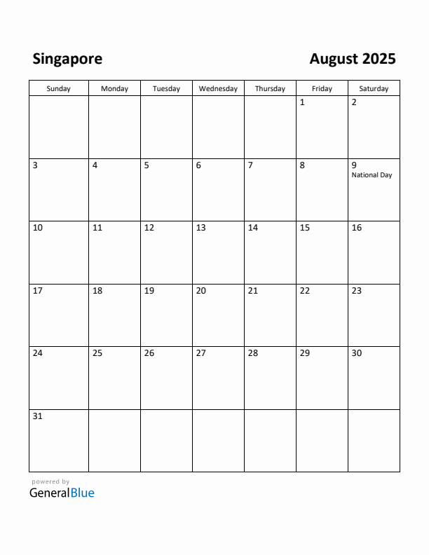August 2025 Calendar with Singapore Holidays