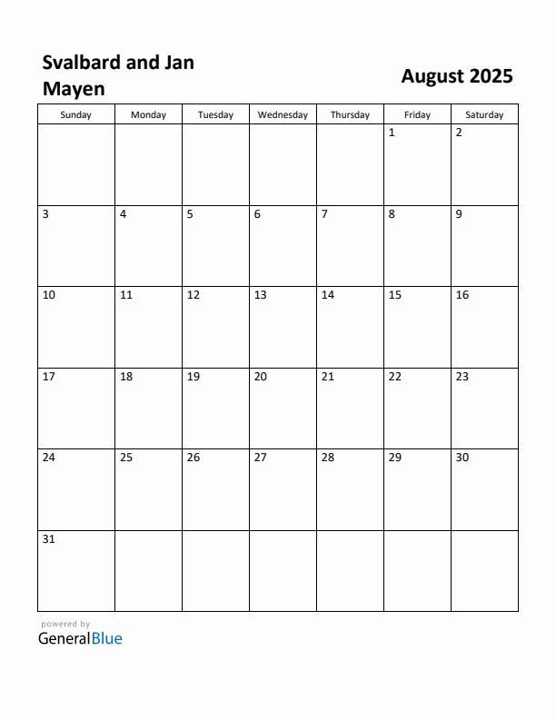 Free Printable August 2025 Calendar for Svalbard and Jan Mayen