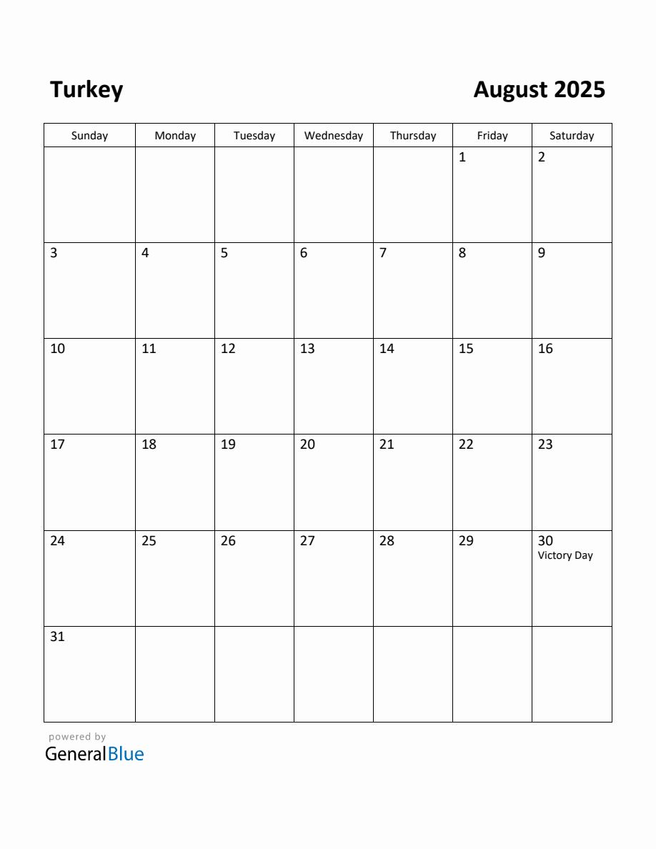 Free Printable August 2025 Calendar for Turkey