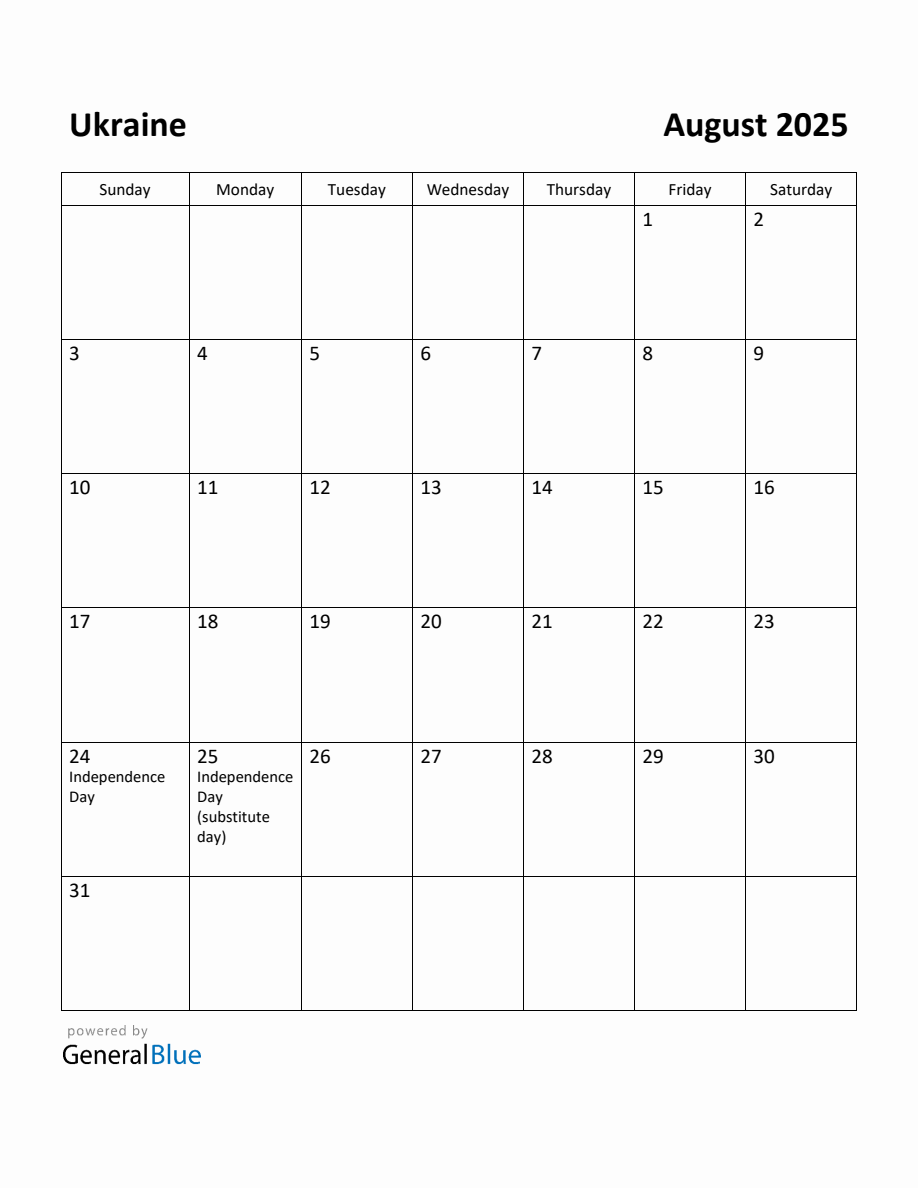 Free Printable August 2025 Calendar for Ukraine