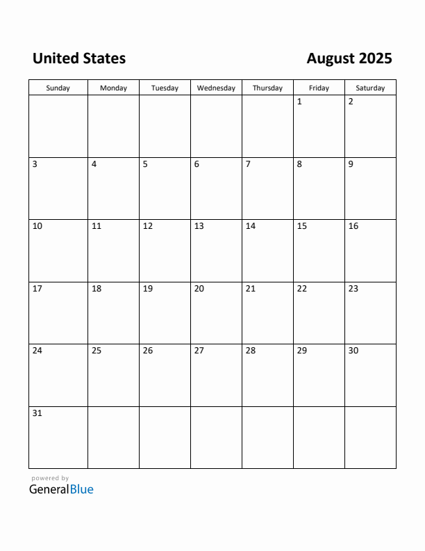 Free Printable August 2025 Calendar for United States