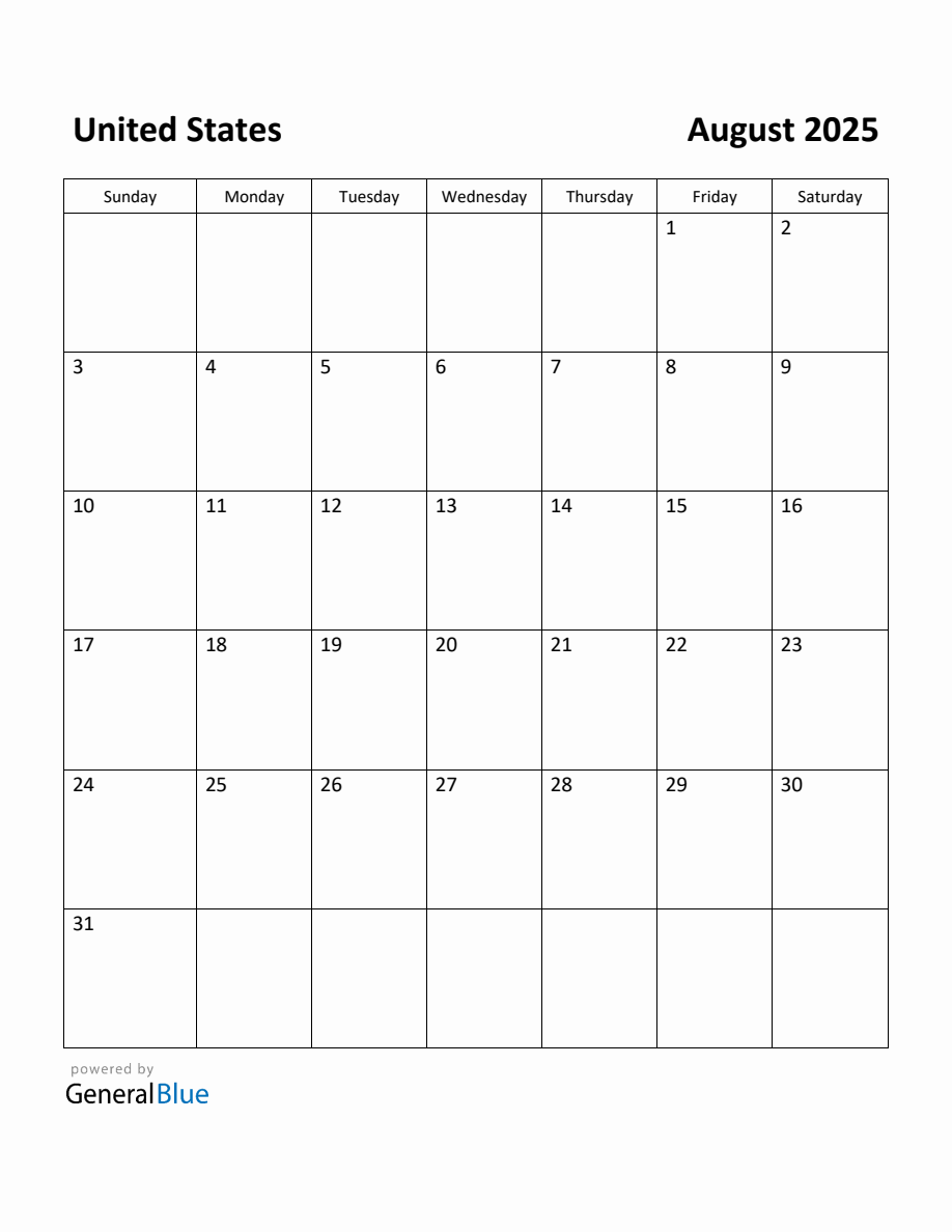 Free Printable August 2025 Calendar for United States