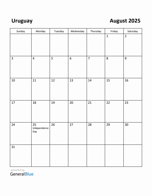 August 2025 Calendar with Uruguay Holidays