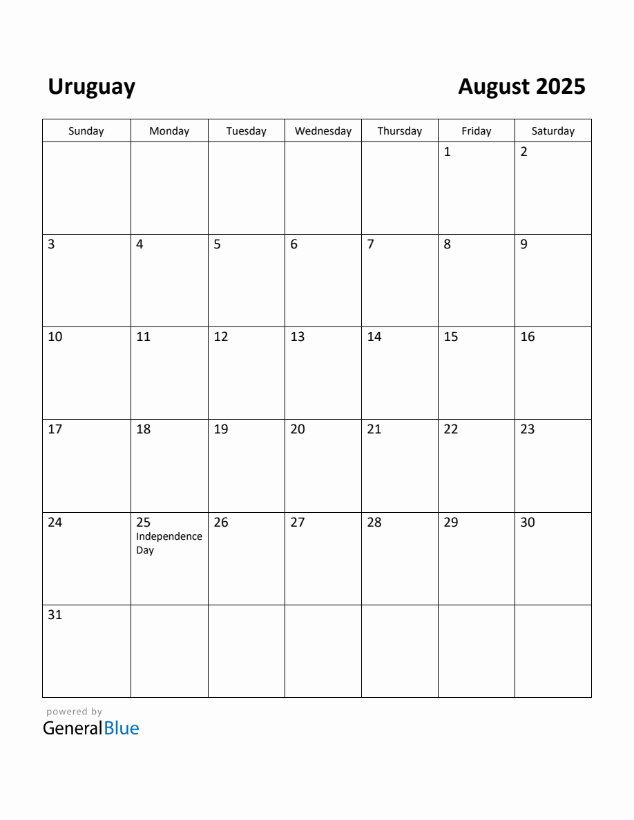 Free Printable August 2025 Calendar for Uruguay