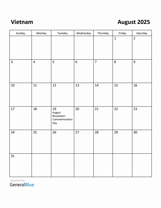 August 2025 Calendar with Vietnam Holidays
