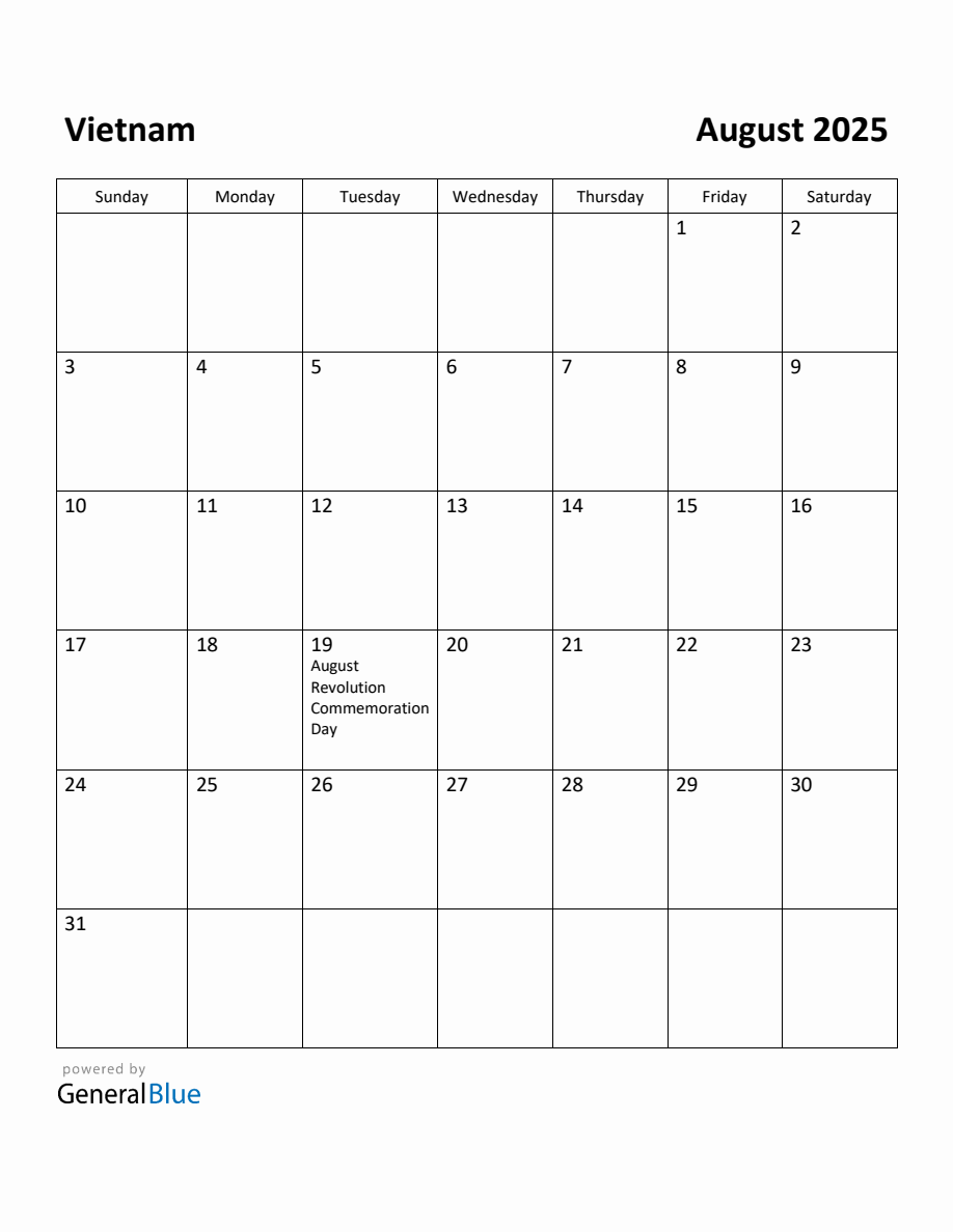 Free Printable August 2025 Calendar for Vietnam