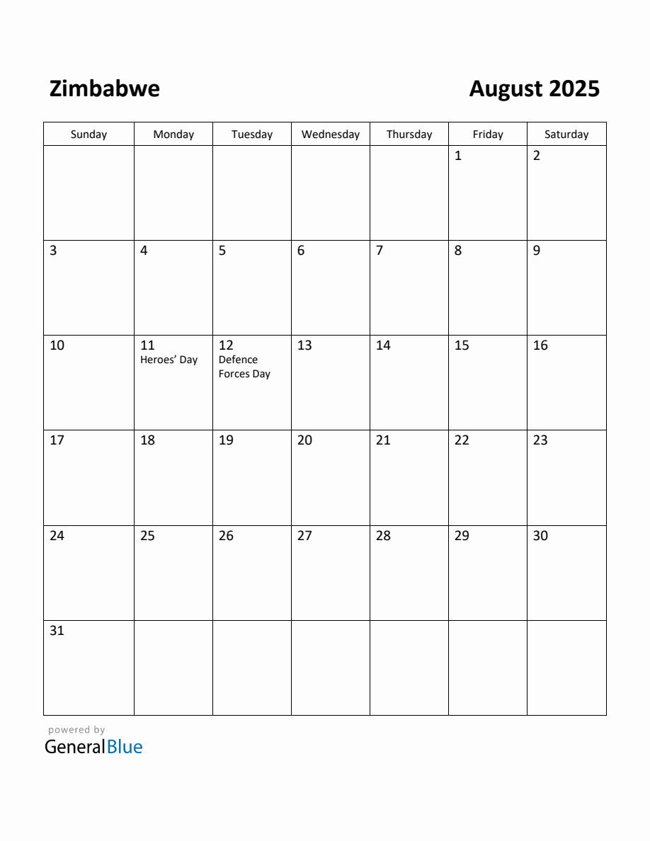 Free Printable August 2025 Calendar for Zimbabwe