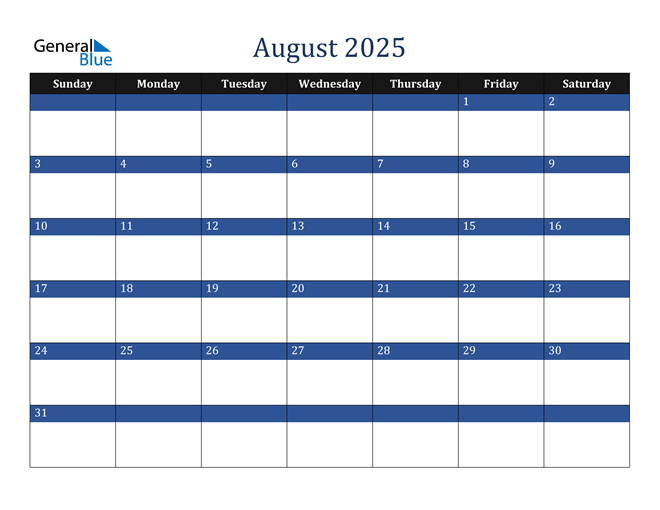 August 2025 Calendar (PDF Word Excel)