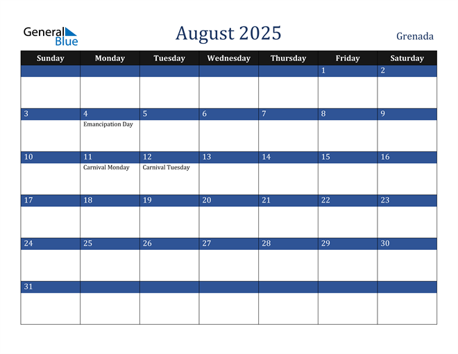 August 2025 Grenada Calendar