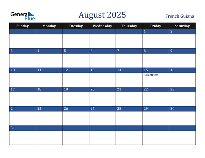 August 2025 Calendar with French Guiana Holidays