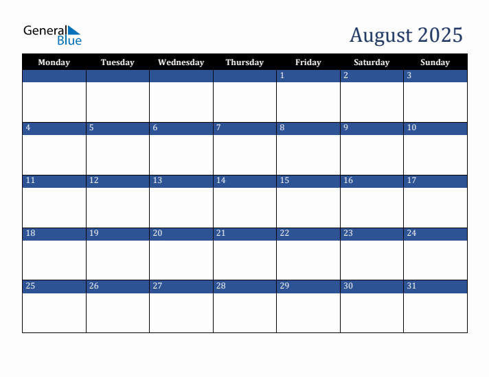 Monday Start Calendar for August 2025