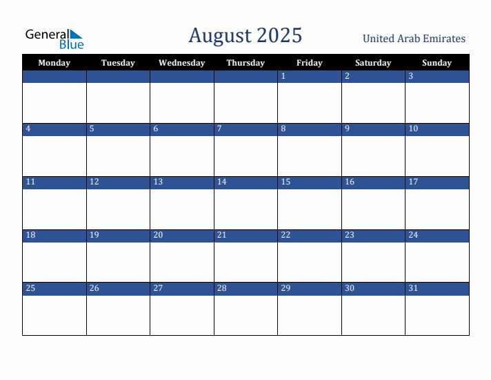 August 2025 United Arab Emirates Calendar (Monday Start)