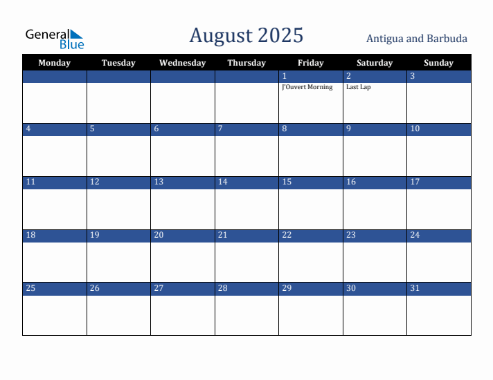 August 2025 Antigua and Barbuda Calendar (Monday Start)