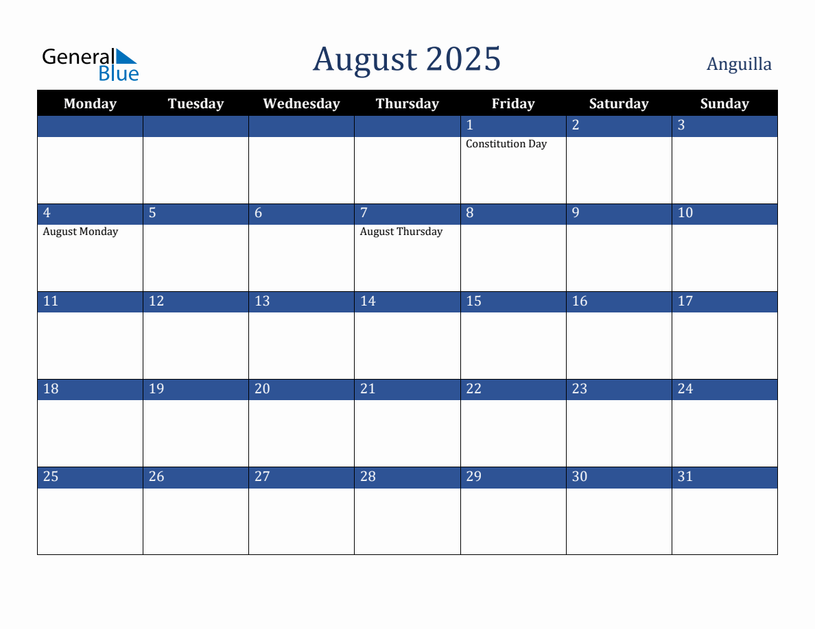 August 2025 Anguilla Holiday Calendar