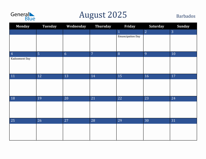 August 2025 Barbados Calendar (Monday Start)