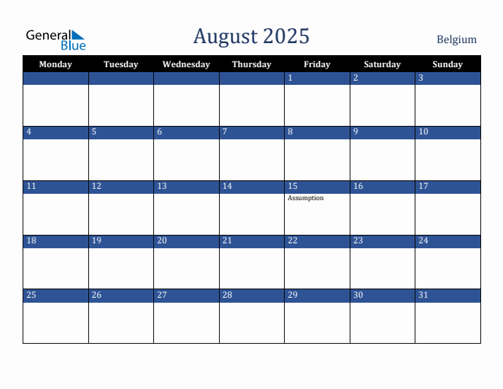 August 2025 Belgium Calendar (Monday Start)