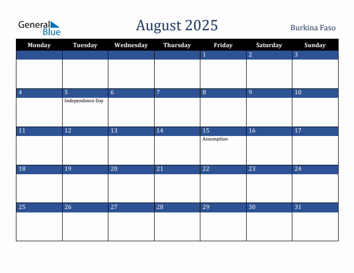 August 2025 Burkina Faso Calendar (Monday Start)