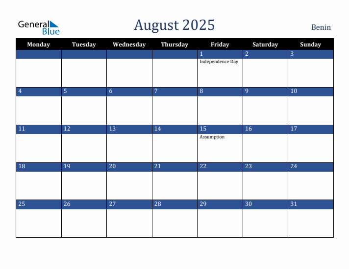 August 2025 Benin Calendar (Monday Start)