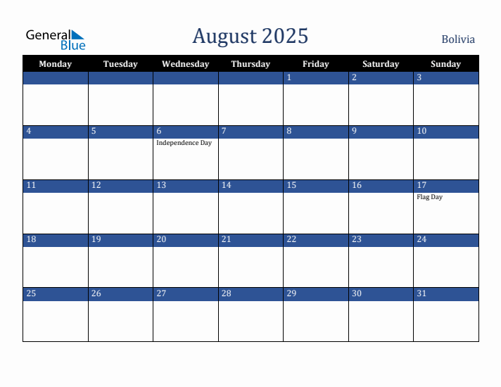 August 2025 Bolivia Calendar (Monday Start)