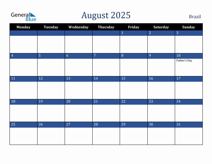 August 2025 Brazil Calendar (Monday Start)