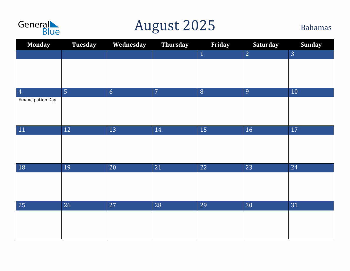 August 2025 Bahamas Holiday Calendar