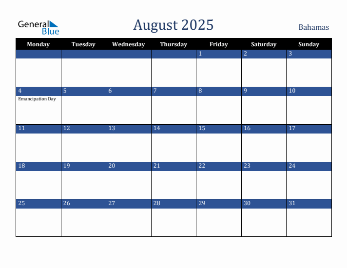 August 2025 Bahamas Calendar (Monday Start)
