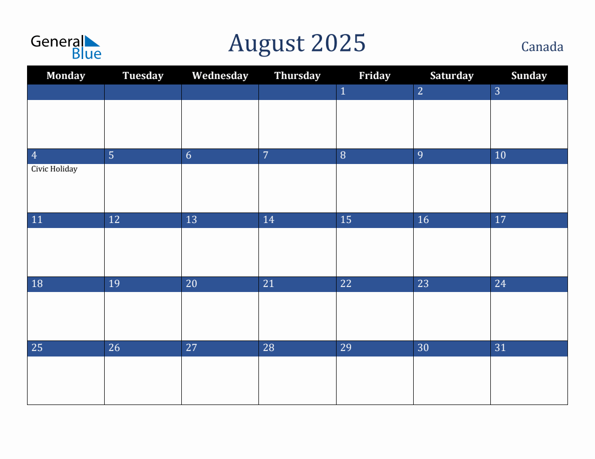 August 2025 Canada Holiday Calendar