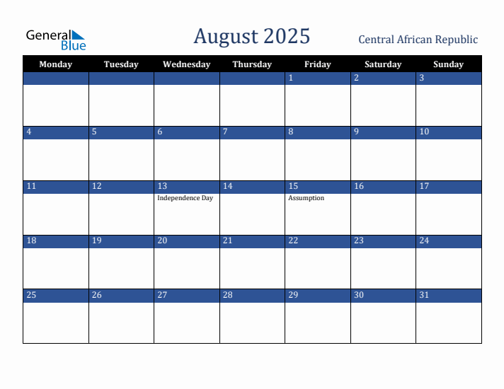 August 2025 Central African Republic Calendar (Monday Start)