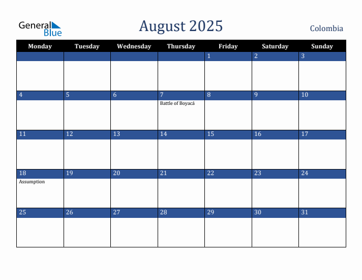 August 2025 Colombia Calendar (Monday Start)