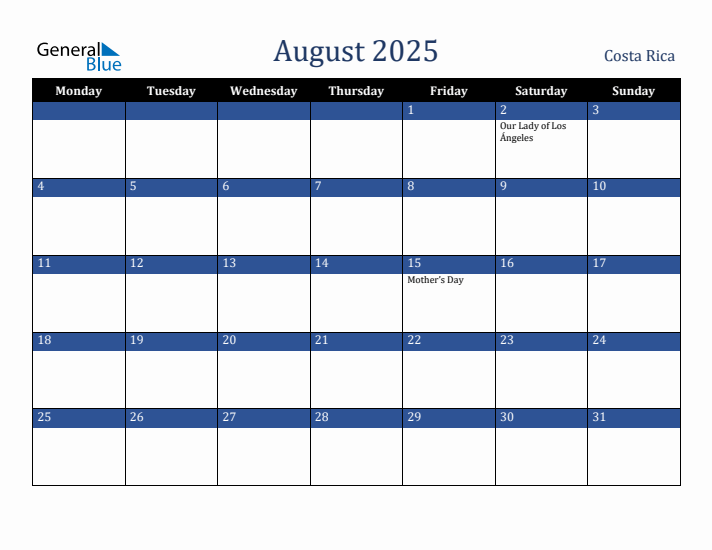 August 2025 Costa Rica Calendar (Monday Start)