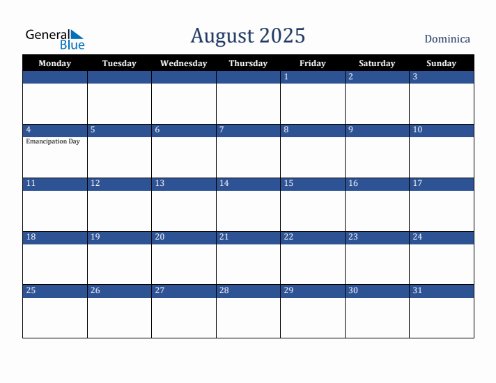 August 2025 Dominica Calendar (Monday Start)