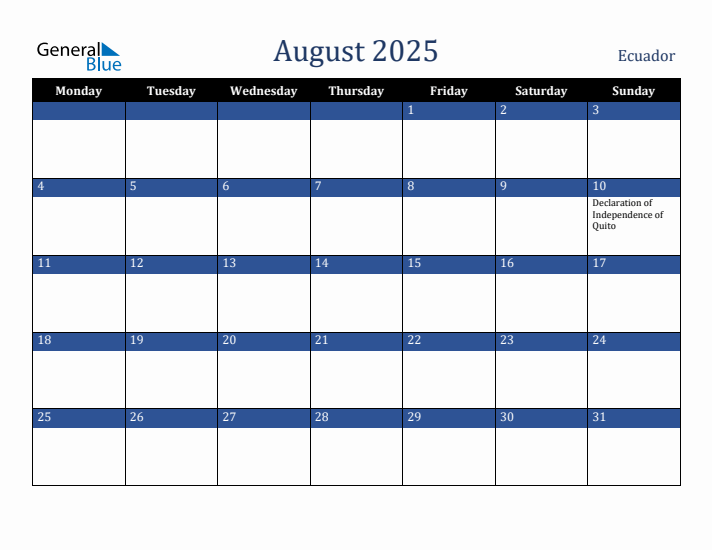 August 2025 Ecuador Calendar (Monday Start)