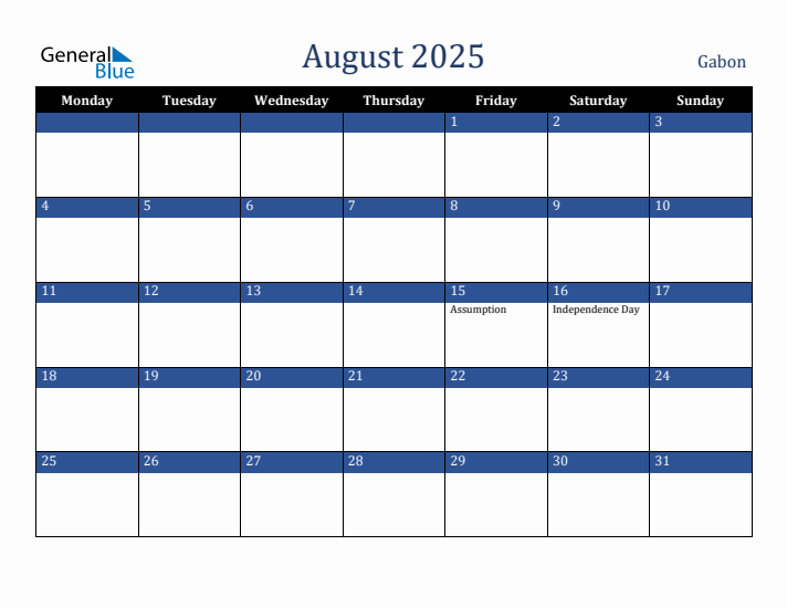 August 2025 Gabon Calendar (Monday Start)