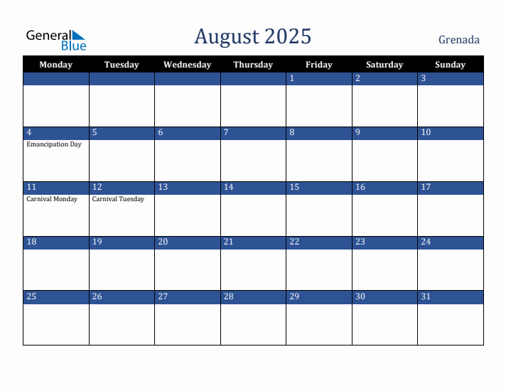 August 2025 Grenada Calendar (Monday Start)