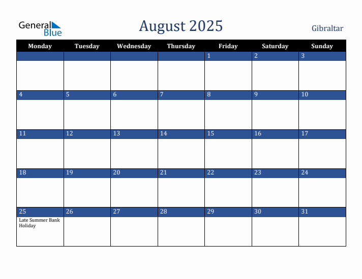August 2025 Gibraltar Calendar (Monday Start)
